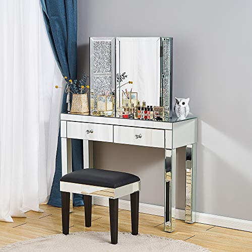 Panana - Mesa Tocador Cristal 2 Cajones con Tiradores Cómodas Pasillo Guarda Maquillajes Cosméticos Lámpara Fotos Flores Casa Dormitorio Salón Belleza Sala Entrada Moderna Lujosa