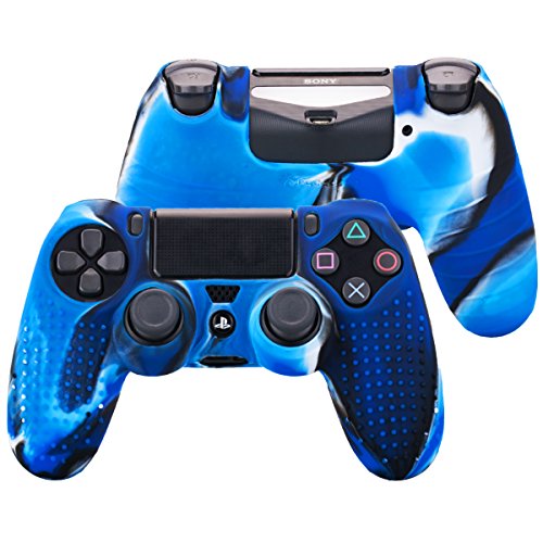 Pandaren® TACHONADO de silicona Fundas protectores de piel antideslizante para el PS4 Mando x 1 (camuflaje azul) + FPS PRO thumb grip x 8