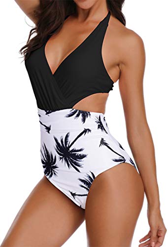 PANOZON Sexy Bañador Mujer Traje de Baño Cuello Halter Triángulo Espalda Nadador 1 Pieza (S, Negro Blanco)