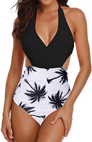 PANOZON Sexy Bañador Mujer Traje de Baño Cuello Halter Triángulo Espalda Nadador 1 Pieza (S, Negro Blanco)