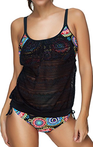 PANOZON Vestido de Traje de Baño de Mujer de Dos Piezas Color de Golpe con Cobertura sobre Vientre y Espalda (Small, Caleidoscopio) PANOZON Vestido de Traje de Baño de Mujer de Dos Piezas Color de Golpe con Cobertura sobre Vientre y Espalda (Small, Caleidoscopio)