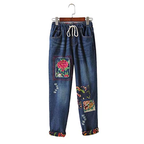 PanpanBox Vaqueros Mujer Relaxed Pantalones Denim Floral Bordado Jeans Dama Talla Grande Pants Carrot Primavera Otoño (XXXL)