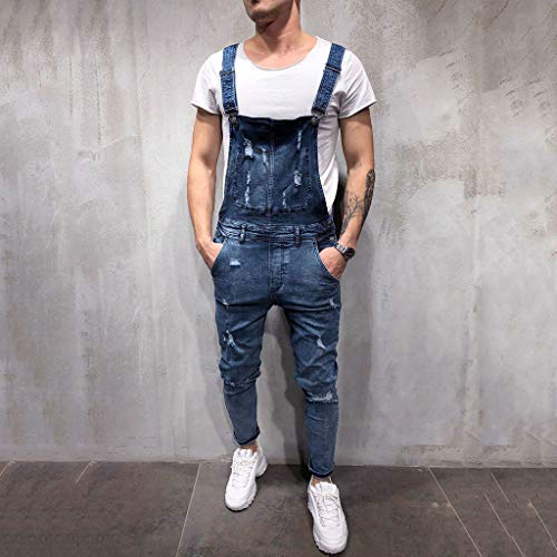 Pantalón Vaqueros Hombre, Monos Cortos SUNNSEAN Mono Vaquero Mezclilla Jumpsuit Casual Pantalones Agujeros Suelto Hombre Talla Grande Peto Tirante Bolsillos Chandal Roto Pantalón Mameluco