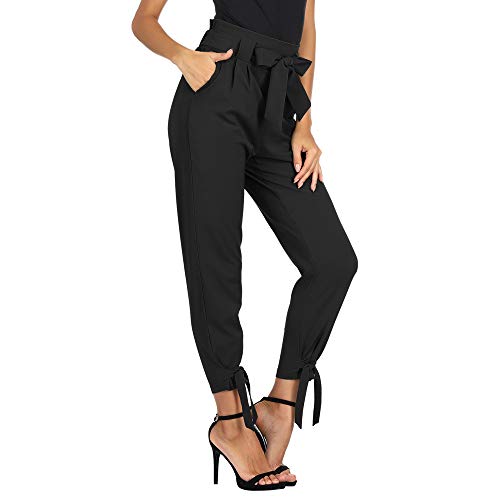 Pantalones de Cigarrillos para Mujeres con Cinturón Elástico Decorado con Un Lazo para La Primavera, Verano, Negro M Cl10903-1 Pantalones de Cigarrillos para Mujeres con Cinturón Elástico Decorado con Un Lazo para La Primavera, Verano, Negro M Cl10903-1