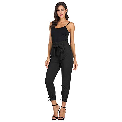 Pantalones de Cigarrillos para Mujeres con Cinturón Elástico Decorado con Un Lazo para La Primavera, Verano, Negro M Cl10903-1