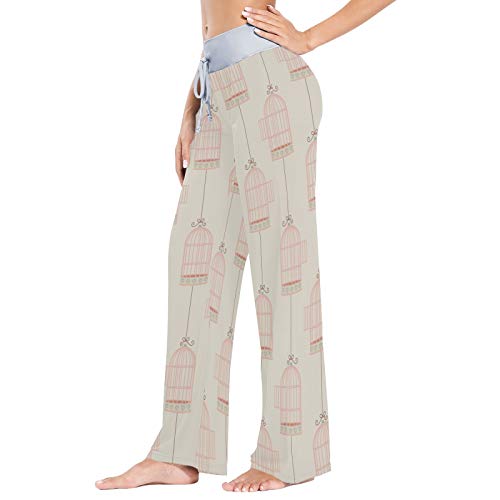 Pantalones de Pijama Casuales cómodos para Mujer Pantalones de salón de Pierna Ancha con cordón elástico Estampado S Fondo de Jaula de pájaros