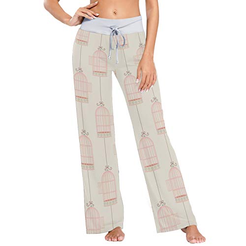 Pantalones de Pijama Casuales cómodos para Mujer Pantalones de salón de Pierna Ancha con cordón elástico Estampado S Fondo de Jaula de pájaros