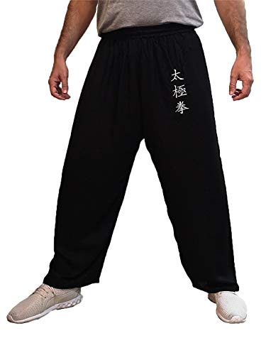 Pantalones de Tai Chi Taza Amplia Hombre y Mujer y Niño Pantalones de Yoga Qigong Abierto a los Tobillos (Negro, Tamano L)