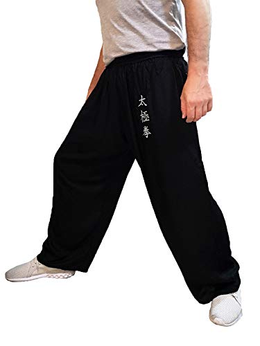 Pantalones de Tai Chi Taza Amplia Hombre y Mujer y Niño Pantalones de Yoga Qigong Abierto a los Tobillos (Negro, Tamano L)