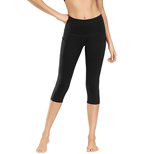 Pantalones de yoga de cintura alta con bolsillos, control de barriga, entrenamiento, correr, leggings capri elásticos de 4 vías para mujer.