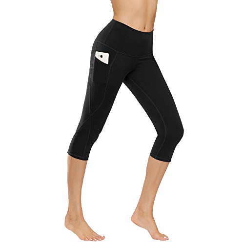 Pantalones de yoga de cintura alta con bolsillos, control de barriga, entrenamiento, correr, leggings capri elásticos de 4 vías para mujer.