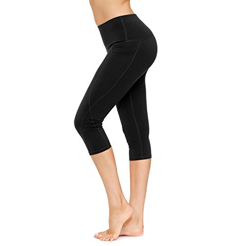 Pantalones de yoga de cintura alta con bolsillos, control de barriga, entrenamiento, correr, leggings capri elásticos de 4 vías para mujer.