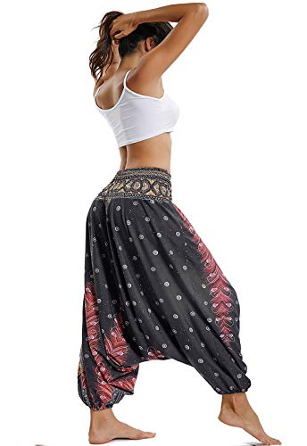 Pantalones de Yoga Mujer Harem Boho del Lazo del Pavo Real Flaral Funky #1 Flor Impresa-C