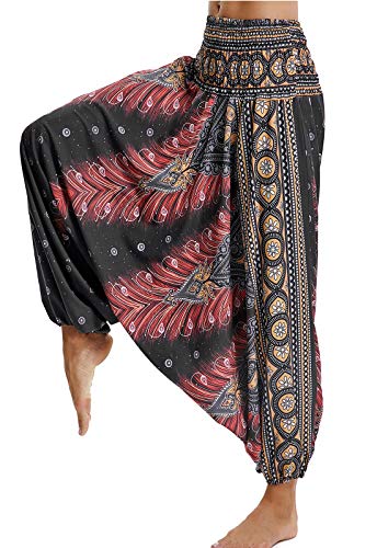 Pantalones de Yoga Mujer Harem Boho del Lazo del Pavo Real Flaral Funky #1 Flor Impresa-C