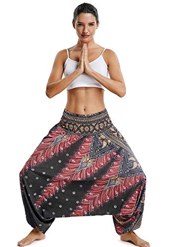 Pantalones de Yoga Mujer Harem Boho del Lazo del Pavo Real Flaral Funky #1 Flor Impresa-C