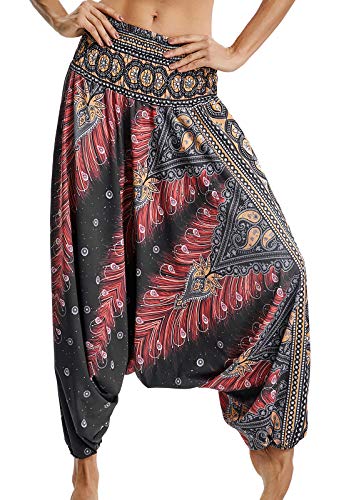 Pantalones de Yoga Mujer Harem Boho del Lazo del Pavo Real Flaral Funky #1 Flor Impresa-C