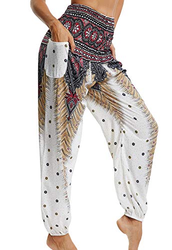 Pantalones de Yoga Mujer Harem Boho del Lazo del Pavo Real Flaral Funky #2 Flor Impresa-A