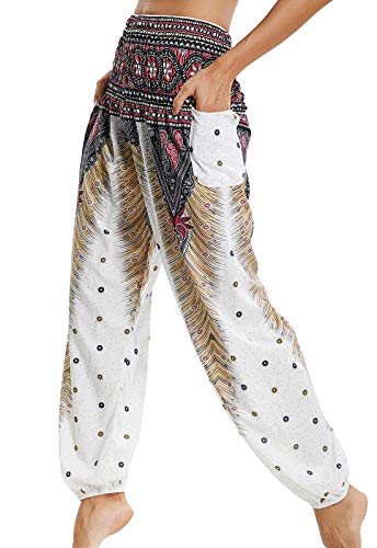 Pantalones de Yoga Mujer Harem Boho del Lazo del Pavo Real Flaral Funky #2 Flor Impresa-A Pantalones de Yoga Mujer Harem Boho del Lazo del Pavo Real Flaral Funky #2 Flor Impresa-A