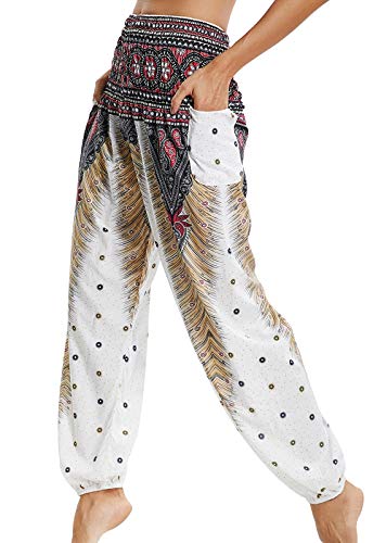 Pantalones de Yoga Mujer Harem Boho del Lazo del Pavo Real Flaral Funky #2 Flor Impresa-A