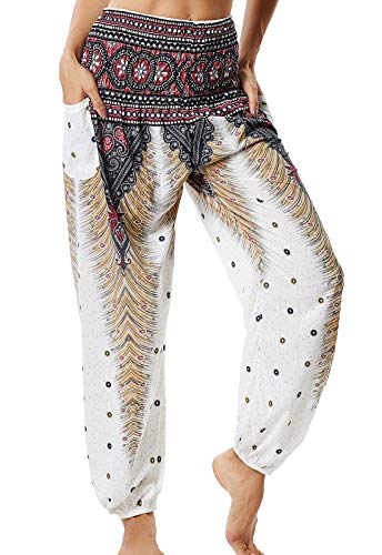 Pantalones de Yoga Mujer Harem Boho del Lazo del Pavo Real Flaral Funky #2 Flor Impresa-A Pantalones de Yoga Mujer Harem Boho del Lazo del Pavo Real Flaral Funky #2 Flor Impresa-A