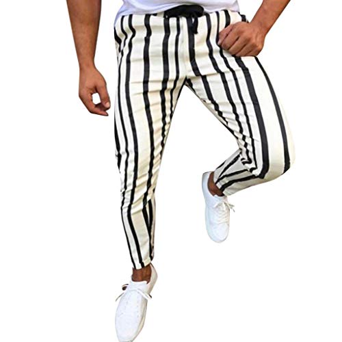 Pantalones Hombre Pantalón Casual Estampado Rayas Trabajo Largos Pantalones Pants Tallas Grandes con Bolsillos Laterales y Cinturón Ajustable Pantalones Sueltos riou