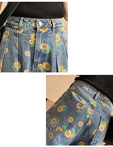 Pantalones Jeans Otoño De Gran Tamaño 4XL Pantalones Rectos con Estampado De Flores Pantalones Vaqueros De Pierna Ancha para Mujeres Pantalones Holgados De Cintura Alta Suelto