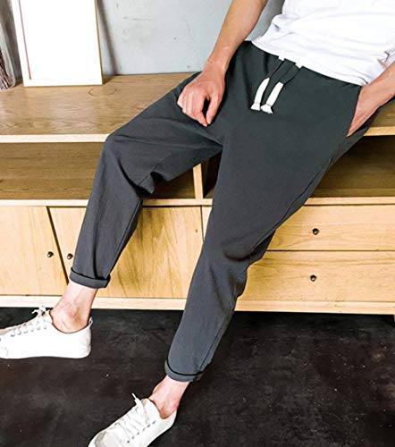 Pantalones Largos De Carga De Verano De Hombres Pantalones De Ocio Los De Basicas Algodón Puro Pantalones De Lino De Estilo Japonés con Cordón Pantalones De Fitness Color Sólido Pantalones De Verano