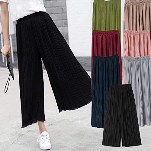 Pantalones plisados de chifón de cintura alta con volantes de pierna ancha para mujer en 75 ~ 140 kg negro negro Pantalones plisados de chifón de cintura alta con volantes de pierna ancha para mujer en 75 ~ 140 kg negro negro