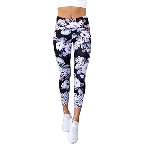 PAOLIAN Pantalones Leggings Vestir Deportivos Yoga para Mujer Verano 2018 Casual Pantalones de Vestir Estampado de Flores Cintura Alta Leggings y Medias Deportivos Pantalones Running 3/4 (S, Negro)