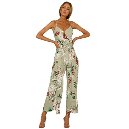 PAOLIAN Pantalones Monos Largos para Mujer Verano 2018 Casual Ropa para Mujer Sling Cuello V Sin Respaldo Pantalones de Vestir Estampado Flores Pantalones Anchos Pretina Cintura Alta (S, Negro)