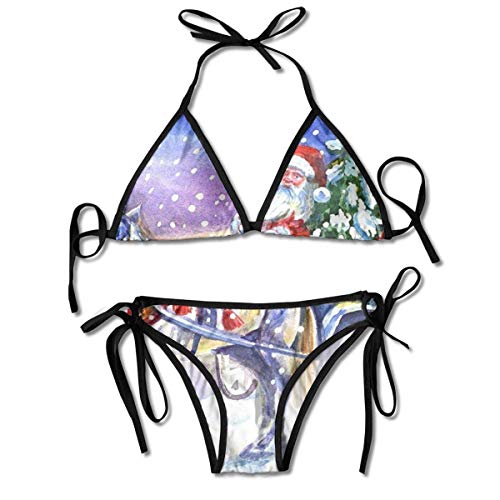 Papá Noel en Sistemas de Bikini para Mujer Impresos Nieve del Caballo del Carro, Traje de baño del triángulo de la Playa Papá Noel en Sistemas de Bikini para Mujer Impresos Nieve del Caballo del Carro, Traje de baño del triángulo de la Playa