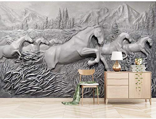 Papel Tapiz Fotográfico Papel De Pared Murales Efecto 3D Hd Imprimir Estéreo Caballo Manada Montañas Fondo Gris Papeles Pintados Fotomurales Para Dormitorio Sala De Estar Oficina (W)500X(H)280Cm