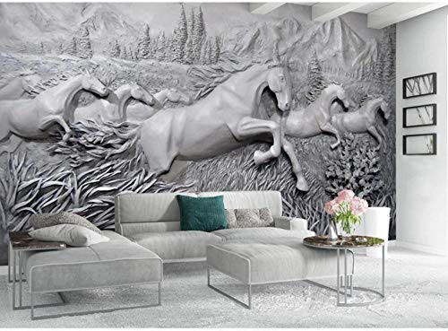 Papel Tapiz Fotográfico Papel De Pared Murales Efecto 3D Hd Imprimir Estéreo Caballo Manada Montañas Fondo Gris Papeles Pintados Fotomurales Para Dormitorio Sala De Estar Oficina (W)500X(H)280Cm