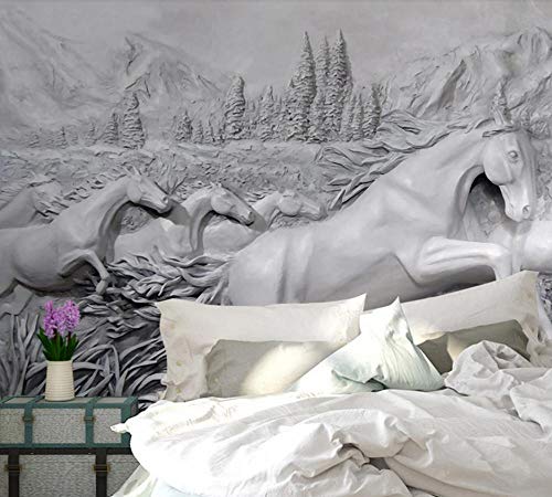 Papel Tapiz Fotográfico Papel De Pared Murales Efecto 3D Hd Imprimir Estéreo Caballo Manada Montañas Fondo Gris Papeles Pintados Fotomurales Para Dormitorio Sala De Estar Oficina (W)500X(H)280Cm