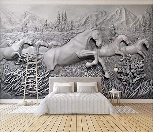 Papel Tapiz Fotográfico Papel De Pared Murales Efecto 3D Hd Imprimir Estéreo Caballo Manada Montañas Fondo Gris Papeles Pintados Fotomurales Para Dormitorio Sala De Estar Oficina (W)500X(H)280Cm