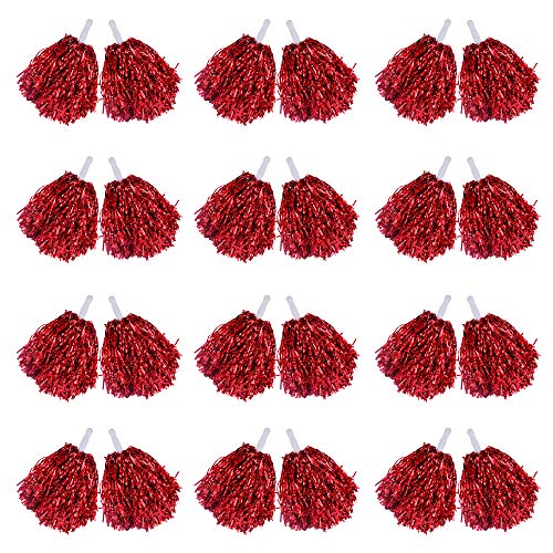 Paquete de 24 pompones de animadora, 1 docena de asas de papel metálico de aluminio para animadoras pompones para niños, baile, deportes, entrenadores de juego, vestido de fiesta (rojo)