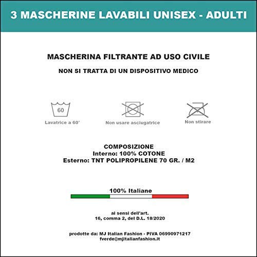 Paquete de 3 Mascarillas filtrantes higiénicas, Lavables y Reutilizables, 2 capas 100% Algodon adentro y Polipropilene impermeable y transpirante afuera - Made in Italy (ELÁSTICO CABEZA: SLIM, Negro) Paquete de 3 Mascarillas filtrantes higiénicas, Lavables y Reutilizables, 2 capas 100% Algodon adentro y Polipropilene impermeable y transpirante afuera - Made in Italy (ELÁSTICO CABEZA: SLIM, Negro)