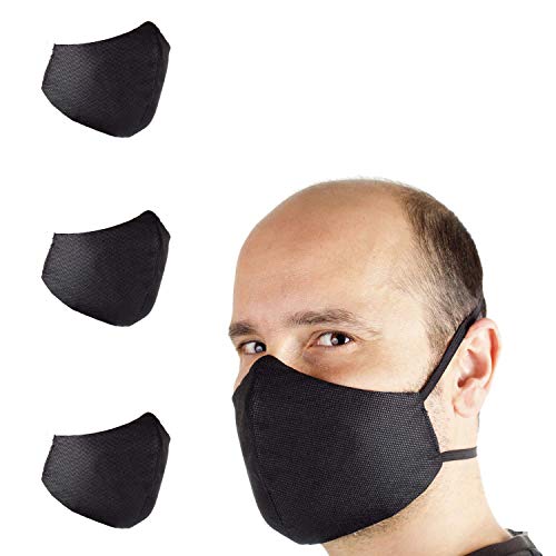 Paquete de 3 Mascarillas filtrantes higiénicas, Lavables y Reutilizables, 2 capas 100% Algodon adentro y Polipropilene impermeable y transpirante afuera - Made in Italy (ELÁSTICO CABEZA: SLIM, Negro)