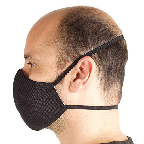 Paquete de 3 Mascarillas filtrantes higiénicas, Lavables y Reutilizables, 2 capas 100% Algodon adentro y Polipropilene impermeable y transpirante afuera - Made in Italy (ELÁSTICO CABEZA: SLIM, Negro)