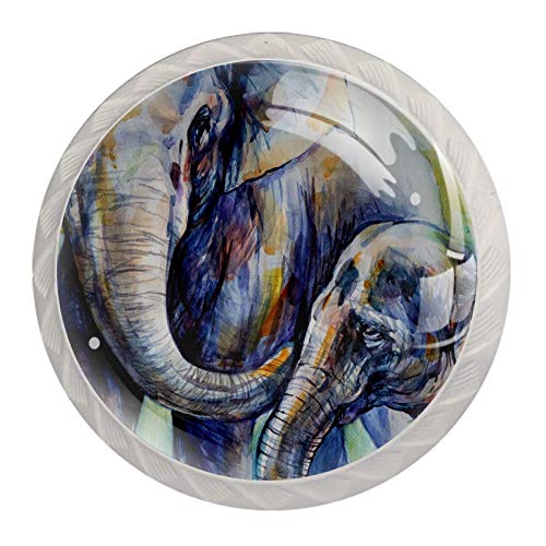 Paquete de 4 perillas de tocador, tiradores redondos de cajón con tornillos de 35 mm para gabinete de cocina, pintura de acuarela, elefante, madre y bebé Paquete de 4 perillas de tocador, tiradores redondos de cajón con tornillos de 35 mm para gabinete de cocina, pintura de acuarela, elefante, madre y bebé