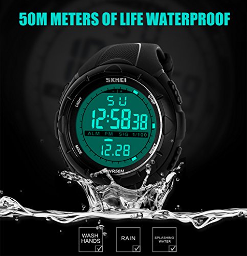 para la práctica de Deportes Reloj Digital - 5 Bares Impermeable Militar de los Relojes Digitales con Alarma/Sig, Negro Grande Cara al Aire Libre Deporte LED Reloj de Pulsera para Hombres por BHGWR