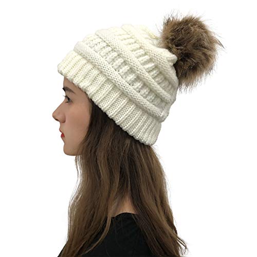 para Mujer Invierno Más Cálido Sombrero Gorra with Large Pom Pom de la Bola Gorra Tejida Gorra Grande Snowboard Ski Bobble Circle Little Crystals (Blanco, One Size)