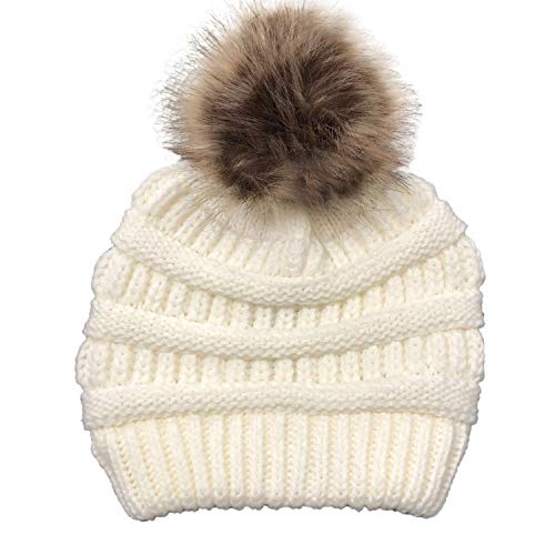 para Mujer Invierno Más Cálido Sombrero Gorra with Large Pom Pom de la Bola Gorra Tejida Gorra Grande Snowboard Ski Bobble Circle Little Crystals (Blanco, One Size)