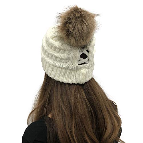 para Mujer Invierno Más Cálido Sombrero Gorra with Large Pom Pom de la Bola Gorra Tejida Gorra Grande Snowboard Ski Bobble Circle Little Crystals (Blanco, One Size)