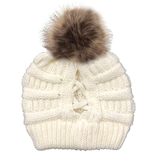 para Mujer Invierno Más Cálido Sombrero Gorra with Large Pom Pom de la Bola Gorra Tejida Gorra Grande Snowboard Ski Bobble Circle Little Crystals (Blanco, One Size)