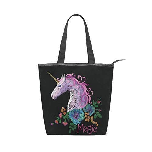 para Mujeres Niñas Damas Estudiante Unicornio Flor Bordado Mágico Bolsas de Hombro Monedero Compras Caballo Ligero Bolso de Mano Bolso de Mano