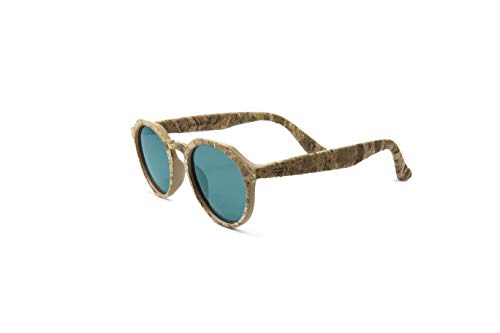 Parafina - Gafas de Sol Polarizadas para Hombre y Mujer - Gafas de Sol Redondas Anti-reflejantes Color Corcho Natural con Efecto Espejo - Lentes Verdes Azulesado