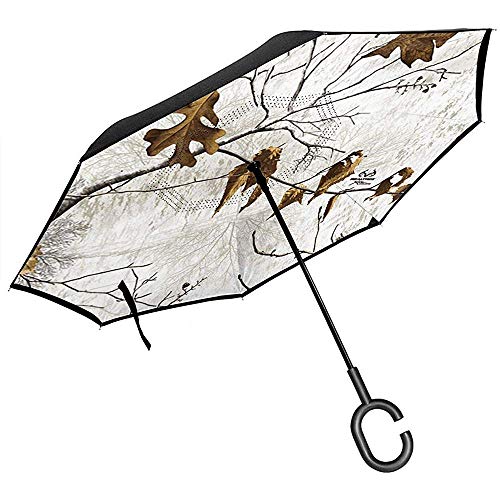 Paraguas Blanco Realtree Camo Invertido, Gran Capa Doble Al Aire Libre Rain Sun Anti-UV Car Reversible Umbrella con Forma De C