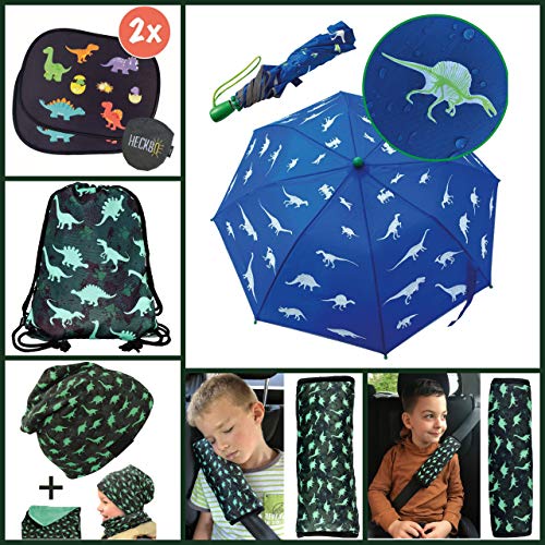 Paraguas con dinosaurios mágicos de HECKBO - Cambia de color si llueve - Plegable: cabe en cualquier mochila - Bandas reflectantes - Mango de madera y tapones protectores - Funda para almacenamiento