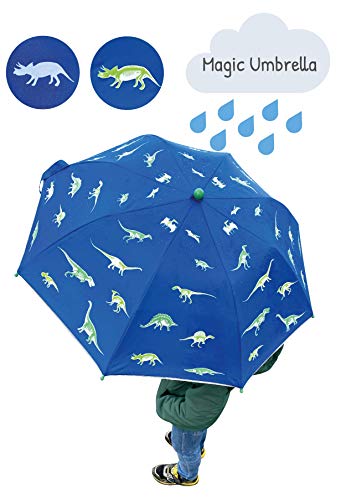 Paraguas con dinosaurios mágicos de HECKBO - Cambia de color si llueve - Plegable: cabe en cualquier mochila - Bandas reflectantes - Mango de madera y tapones protectores - Funda para almacenamiento